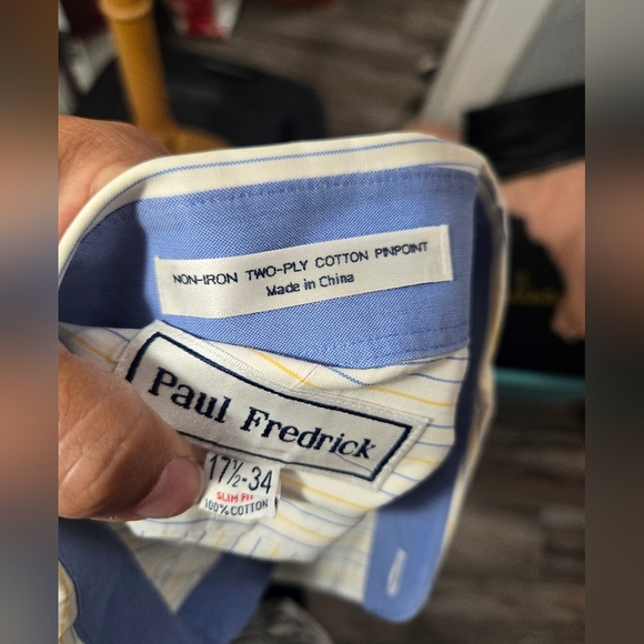 Paul Fredrick non-iron two-ply cotton pinpoint Long Sleeve Shirt Slim Fit Stripe - Picture 7 of 10